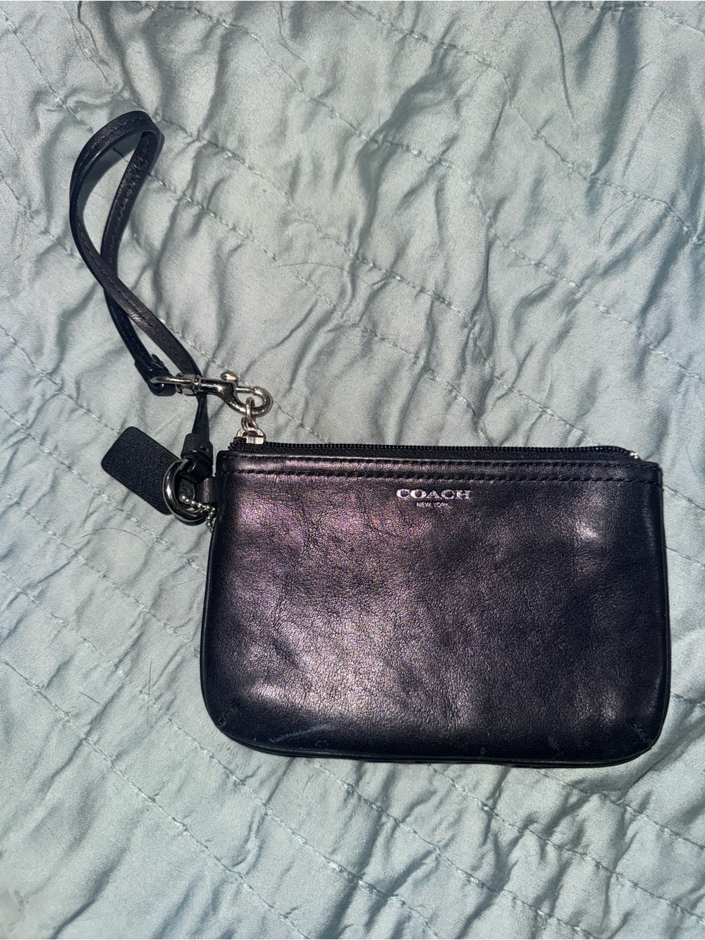 Coach Black Leather Wristlet Pouch with Silver Hardware